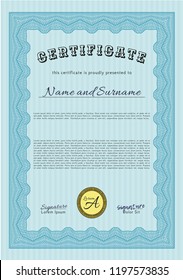 Light blue Awesome Certificate template. Beauty design. Vector illustration. Complex background. 