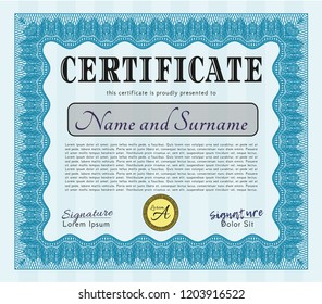 Light blue Awesome Certificate template. Good design. With background. Vector illustration. 