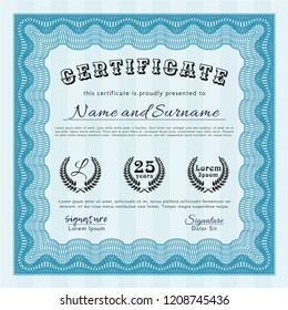 Light blue Awesome Certificate template. Artistry design. With great quality guilloche pattern. Customizable, Easy to edit and change colors. 