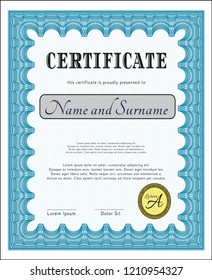 Light blue Awesome Certificate template. Printer friendly. Cordial design. Detailed. 