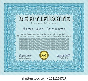 Light blue Awesome Certificate template. Money design. Easy to print. Vector illustration. 
