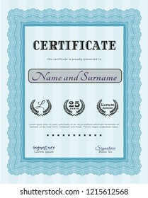 Light blue Awesome Certificate template. With guilloche pattern. Detailed. Cordial design. 
