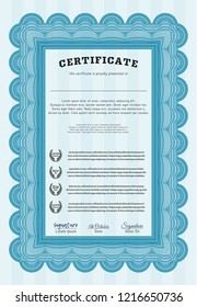 Light blue Awesome Certificate template. Artistry design. Detailed. With complex linear background. 