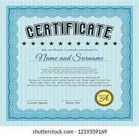 Light blue Awesome Certificate template. With great quality guilloche pattern. Vector illustration. Beauty design. 