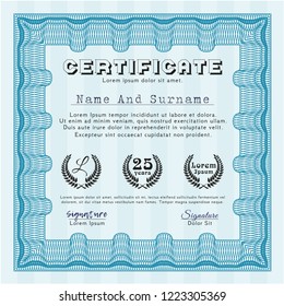 Light blue Awesome Certificate template. Vector illustration. Easy to print. Cordial design. 