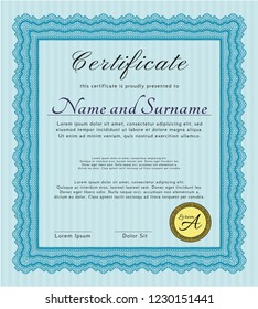 Light blue Awesome Certificate template. Modern design. With great quality guilloche pattern. Detailed. 