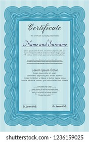 Light blue Awesome Certificate template. With background. Lovely design. Vector illustration. 