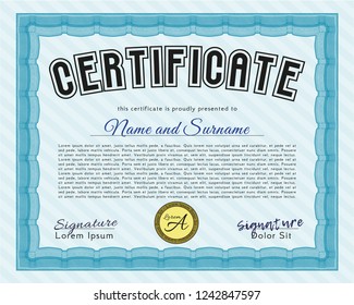 Light blue Awesome Certificate template. With linear background. Detailed. Cordial design. 