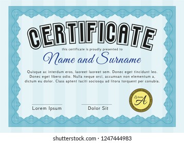 Light blue Awesome Certificate template. Customizable, Easy to edit and change colors. Complex background. Cordial design. 