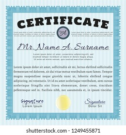 Light blue Awesome Certificate template. With guilloche pattern. Detailed. Excellent design. 