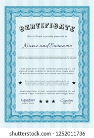 Light blue Awesome Certificate template. With great quality guilloche pattern. Money Pattern. Customizable, Easy to edit and change colors. 