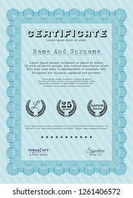 Light blue Awesome Certificate template. Nice design. Vector illustration. Printer friendly. 