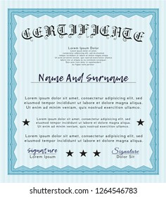 Light blue Awesome Certificate template. With complex linear background. Customizable, Easy to edit and change colors. Money Pattern. 