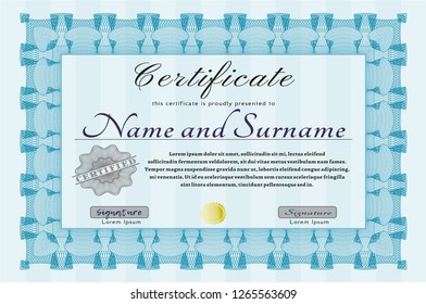 Light blue Awesome Certificate template. With complex linear background. Sophisticated design. Detailed. 