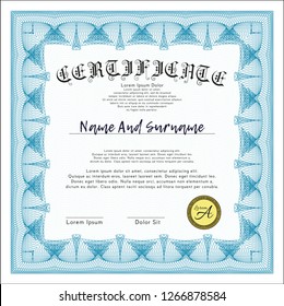 Light blue Awesome Certificate template. Vector illustration. Easy to print. Artistry design. 