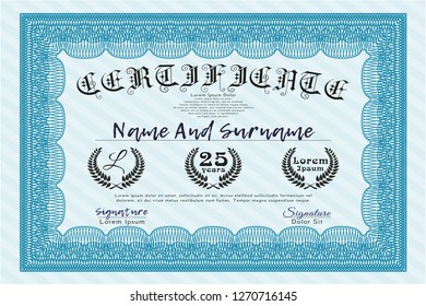 Light blue Awesome Certificate template. Vector illustration. Printer friendly. Beauty design. 