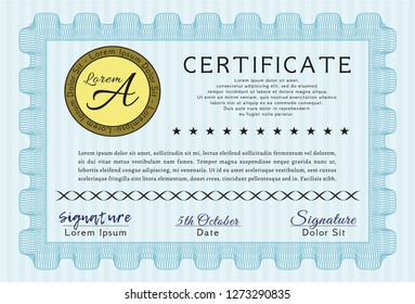 Light blue Awesome Certificate template. Detailed. With background. Money Pattern design. 