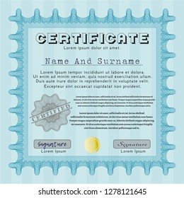 Light blue Awesome Certificate template. Detailed. With guilloche pattern and background. Money design. 