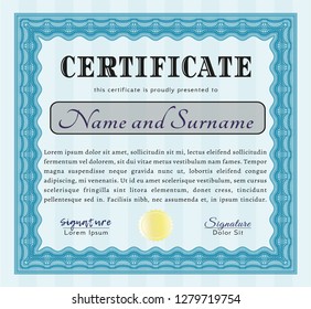 Light blue Awesome Certificate template. Vector illustration. With background. Money design. 