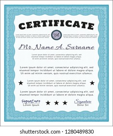 Light blue Awesome Certificate template. Artistry design. With linear background. Detailed. 