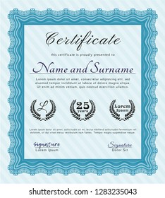 Light blue Awesome Certificate template. With guilloche pattern. Detailed. Cordial design. 