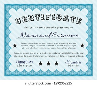 Light blue Awesome Certificate template. With guilloche pattern and background. Customizable, Easy to edit and change colors. Beauty design. 