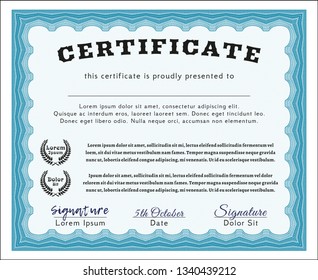 Light blue Awesome Certificate template. Lovely design. Customizable, Easy to edit and change colors. With complex linear background. 