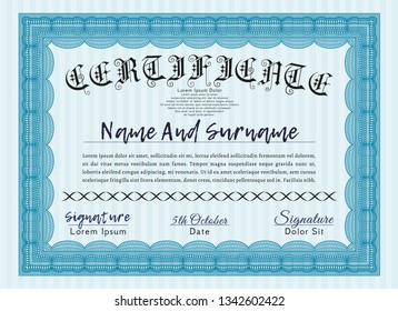 Light blue Awesome Certificate template. With guilloche pattern. Elegant design. Detailed. 