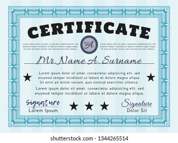 Light blue Awesome Certificate template. Cordial design. Customizable, Easy to edit and change colors. With guilloche pattern. 