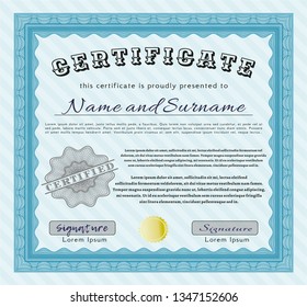 Light blue Awesome Certificate template. With great quality guilloche pattern. Customizable, Easy to edit and change colors. Superior design. 