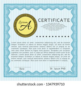 Light blue Awesome Certificate template. Vector illustration. With complex background. Excellent design. 