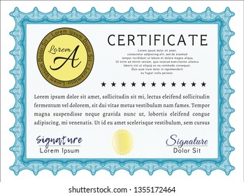 Light blue Awesome Certificate template. With quality background. Sophisticated design. Vector illustration. 