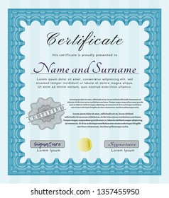 Light blue Awesome Certificate template. Nice design. With background. Detailed. 