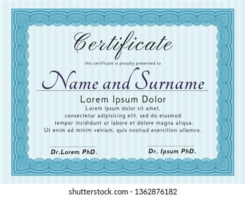 Light blue Awesome Certificate template. With guilloche pattern and background. Vector illustration. Modern design. 