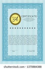 Light blue Awesome Certificate template. With guilloche pattern. Vector illustration. Artistry design. 