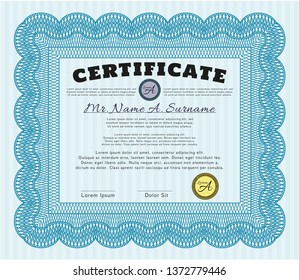Light blue Awesome Certificate template. Retro design. With great quality guilloche pattern. Detailed. 