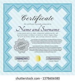 Light blue Awesome Certificate template. Nice design. Vector illustration. With complex linear background. 