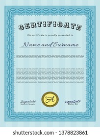 Light blue Awesome Certificate template. Money Pattern. Vector illustration. Complex background. 