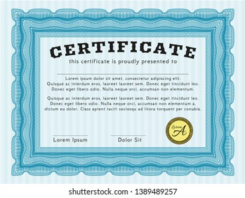 Light blue Awesome Certificate template. Customizable, Easy to edit and change colors. Printer friendly. Nice design. 