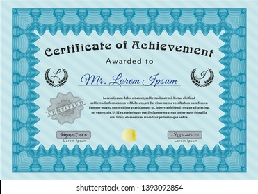 Light blue Awesome Certificate template. Perfect design. With guilloche pattern. Vector illustration. 
