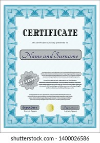 Light blue Awesome Certificate template. Vector illustration. With linear background. Excellent design. 