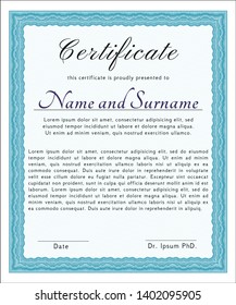Light blue Awesome Certificate template. Printer friendly. Vector illustration. Lovely design. 