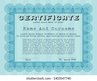 Light blue Awesome Certificate template. Vector illustration. With background. Elegant design. 