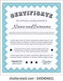 Light blue Awesome Certificate template. Excellent design. With guilloche pattern and background. Customizable, Easy to edit and change colors. 