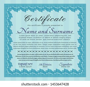 Light blue Awesome Certificate template. With guilloche pattern. Retro design. Customizable, Easy to edit and change colors. 