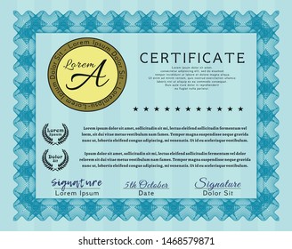 Light blue Awesome Certificate template. With guilloche pattern. Customizable, Easy to edit and change colors. Artistry design. 