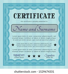 Light blue Awesome Certificate template. Artistry design. Vector illustration. Easy to print. 