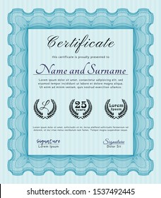 Light blue Awesome Certificate template. Vector illustration. With guilloche pattern. Nice design. 