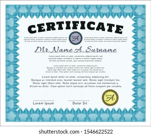 Light blue Awesome Certificate template. Complex background. Vector illustration. Cordial design. 