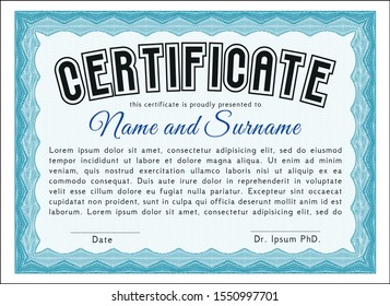 Light blue Awesome Certificate template. With background. Detailed. Elegant design. 